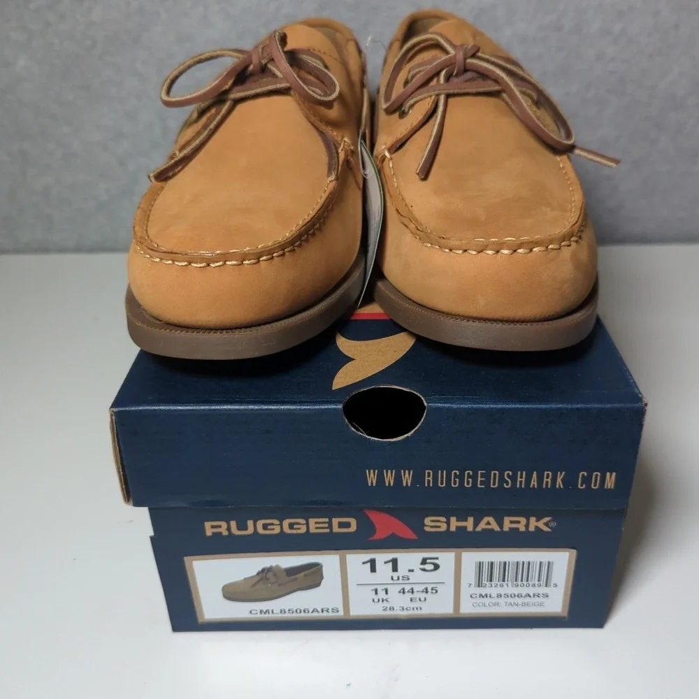 NEW Rugged Shark Mens Classic Boat Shoes Tan Beige Genuine‎ Leather 11.5